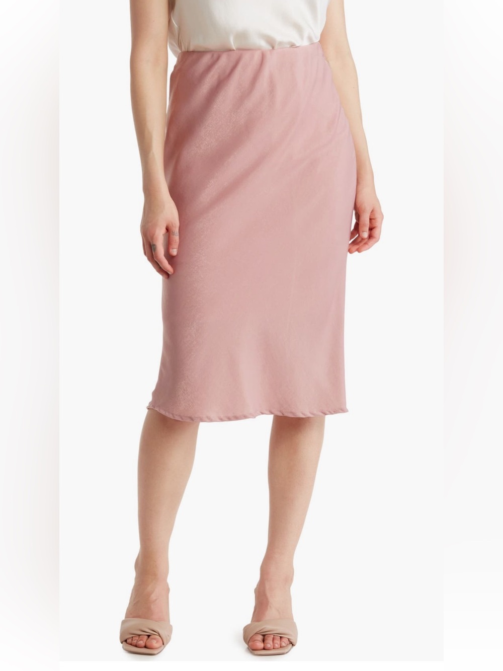 Forgotten Grace Pink Satin Midi Skirt
